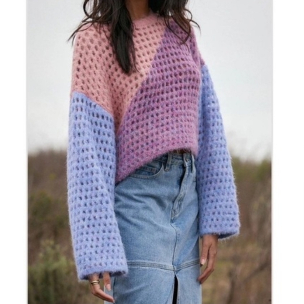 Saltwater Luxe Kourt Colorblock Ooen Weave Crop Sweater Size S Wool Blend Spring